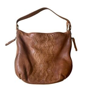 Boho Genuine Leather Hobo Shoulder Bag Brown Embossed Tribal Pattern southwest